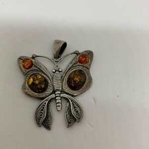 BUTTERFLY 925 Stamped with Inlaid Amber Stones Pendant